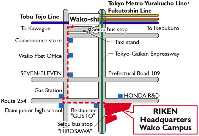 Map showing direction from Wako-shi Station to RIKEN