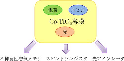 スピントロニクス材料であるCo:TiO2薄膜とその応用例の図