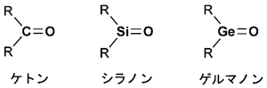 ケトン、シラノン、および、ゲルマノンの化学構造（Rは炭素置換基）の図