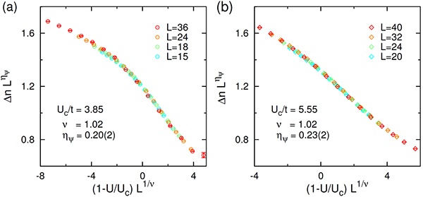 準粒子重みΔnに関する有限サイズスケーリング解析の結果の図