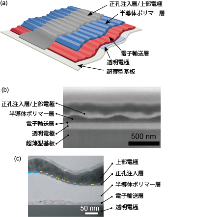 ナノグレーティング構造を持つ超薄型有機太陽電池の構造の図