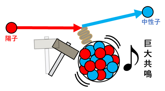 荷電交換(p, n)反応を用いた巨大共鳴の励起のイメージの図