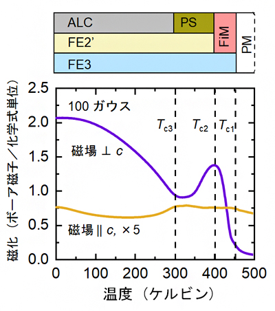 六方晶鉄酸化物の磁化の温度変化と中性子磁気散乱による磁気相図の画像