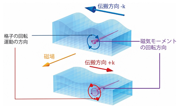磁気と回転の結合によるレイリー波の整流の図