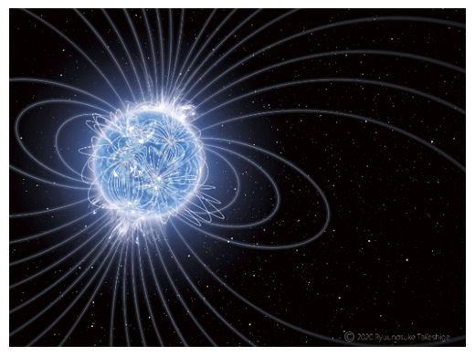 宇宙最強の磁石星「マグネター」と磁力線の想像図の画像