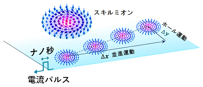 ナノ秒パルス電流によるスキルミオン駆動の模式図の画像