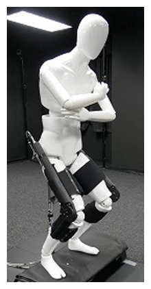 開発した装着型アシストロボット（黒の部分）を両足に装着したマネキンの図