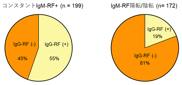 IgG-RF陽性・陰性患者の観察期間中におけるIgM-RF陽性/陰性変化の有無の図