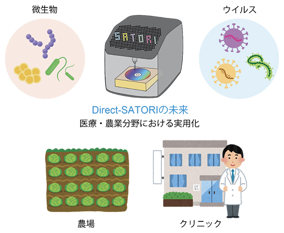 Direct-SATORI法の将来展望：医療・農業分野における汎用的な遺伝子検査法の図