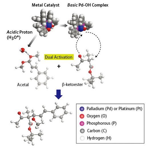 Schematic showint the reaction by a palladium acid-base catalys