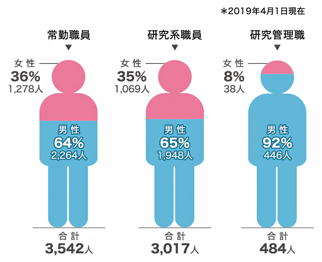 2019年4月1日現在の常勤職員総数は3,542人。そのうち、男性研究職が1,948人、男性PIが446人、女性研究職が1,069人、女性PIが38人である