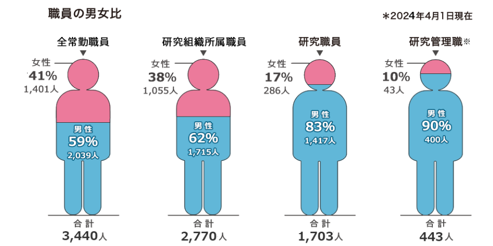 2024年4月1日現在の常勤職員総数は3,440人。そのうち、男性研究系職が1,715人、男性研究職が1,417人、男性PIが400人、女性研究系職が1,055人、女性研究職が286人、女性PIが43人である。