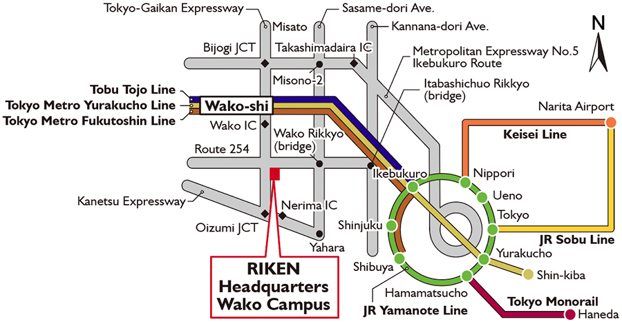 Map showing train lines to RIKEN