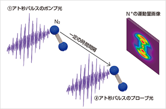 アト秒パルスによる窒素分子（N2）の観測　イメージ図