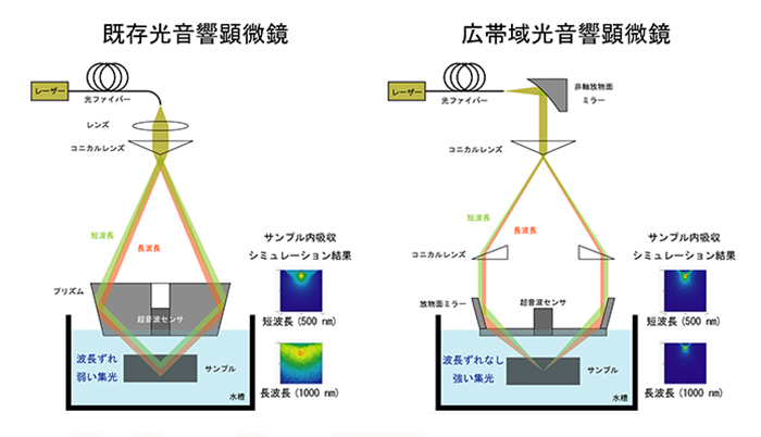 既存光音響顕微鏡と広帯域に対応した光音響顕微鏡の図