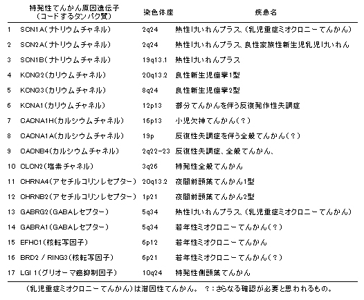 特発性てんかん原因遺伝子がコードするタンパク質と染色体座の表画像