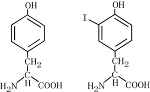 チロシン（左）とヨードチロシン（右）の化学構造の図