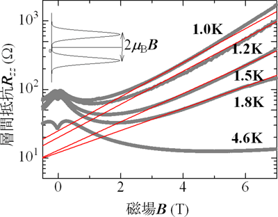 層間抵抗の低温磁場依存性の図