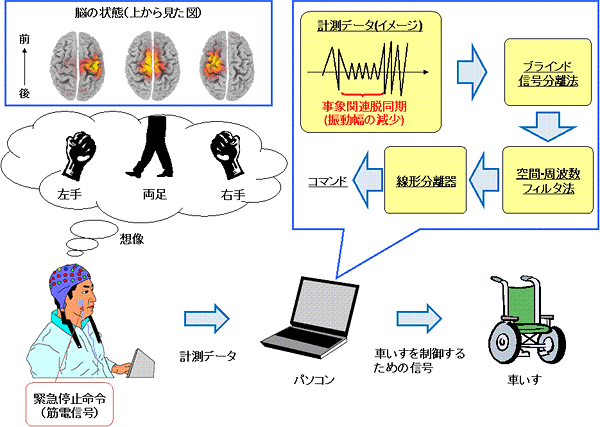 脳波計測から電動車いす制御の流れの図