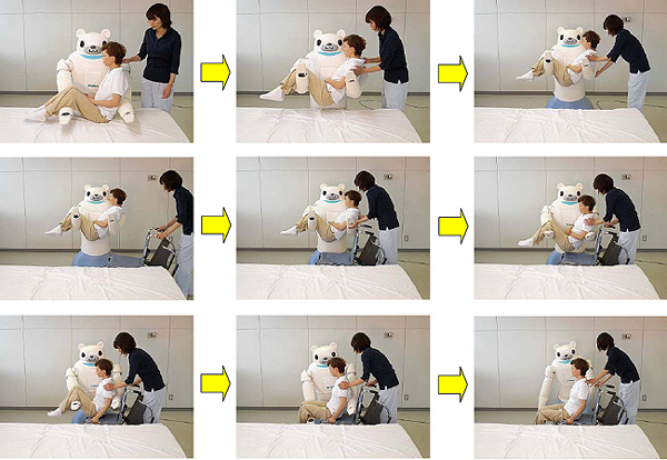 Photos of RIBA lifting a person from a bed to a wheelchair