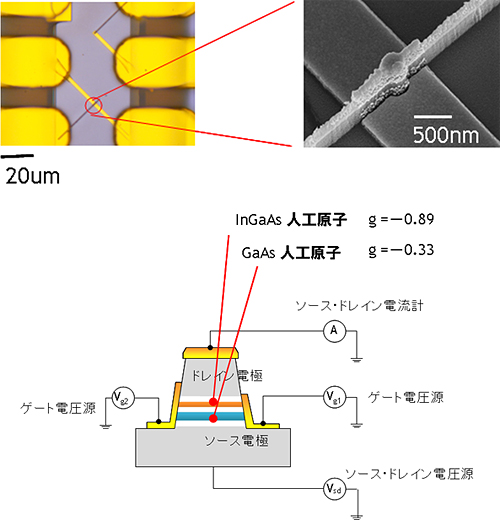 積層構造を円柱状に切り出し、ゲート電極をつけた人工分子素子の図