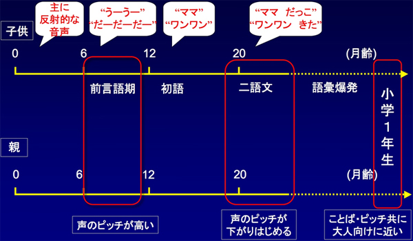 子の月齢と言語発達および親の話し方の変化の図