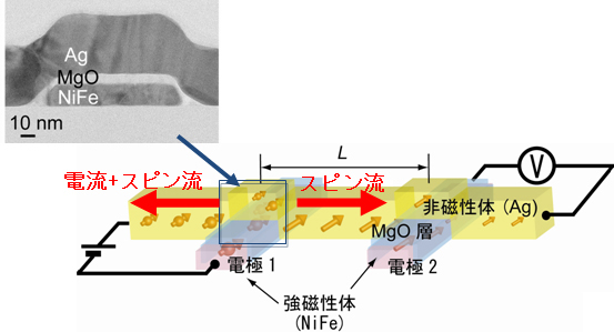 磁気蓄積素子の概念図と非局所的手法の測定図の画像