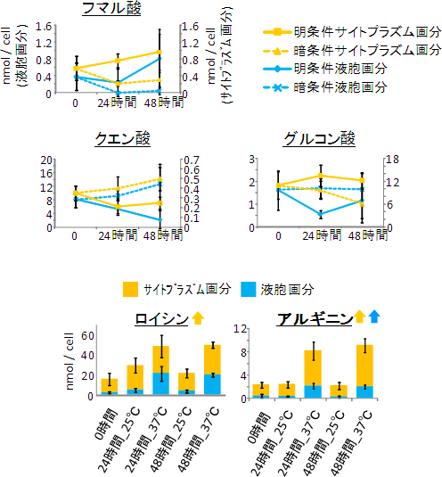 光条件および温度条件の違いによる細胞内代謝物濃度の変動の図