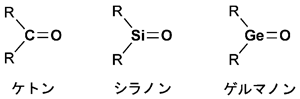 ケトン、シラノン、および、ゲルマノンの化学構造(Rは炭素置換基)の図