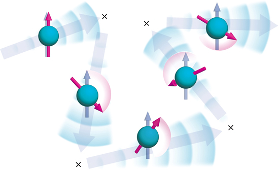 スピン軌道相互作用下で、電子のスピン（赤色）は不純物（×）に当たって弾性散乱※され、 向きが次々に変っていく様子の図