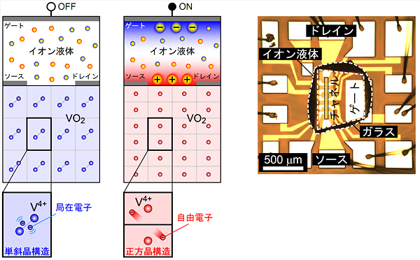 固体全体の電気的性質・結晶構造のON / OFFを可能にするFETの模式図と実際のデバイスの写真の図