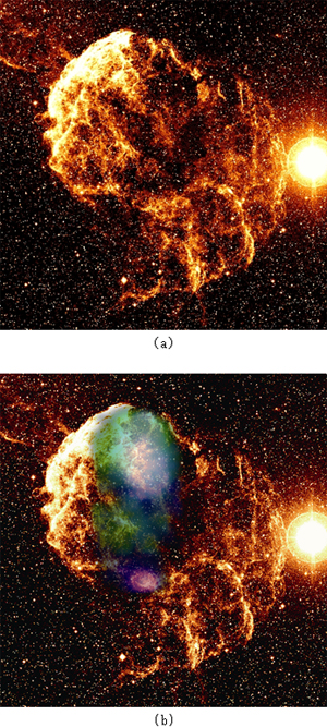 クラゲ星雲(IC443)の可視光画像(a)と可視光およびX線(RGBカラー)の合成写真(b)の画像