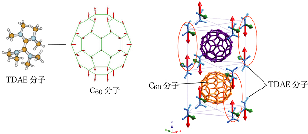 TDAE-C60（左図）と低温でのTDAE-C60結晶の状態の図