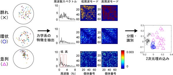 魚の群れモデルが見せる3つの振舞いの分類・識別の手順の図