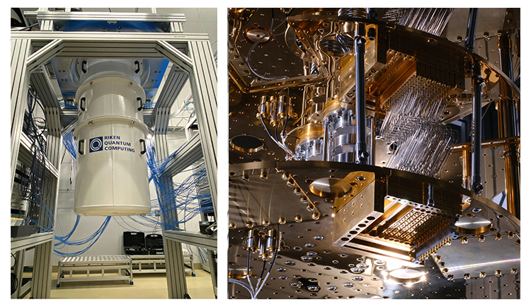 希釈冷凍機と64量子ビットコンピュータの写真