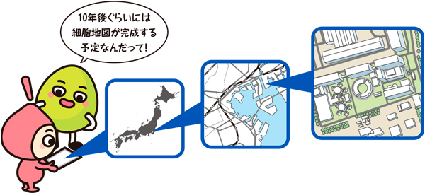 キャラクター「10年後ぐらいには細胞地図が完成する予定なんだって!」