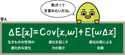 キャラクター「数式って言葉みたいだね。」ΔE[x]（生きものの性質の進化的な変化）=Cov[x,w]（進化を起こす力の強さ）+E[wΔx]（遺伝の差による効果）