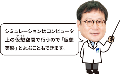 シミュレーションはコンピュータ上の仮想空間で行うので「仮想実験」とよぶこともできます。