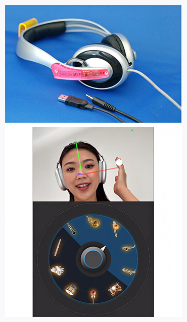 従来のセンサー付きヘッドフォン(上)とスマートフォンのインカメラによる頭部方向検出の図