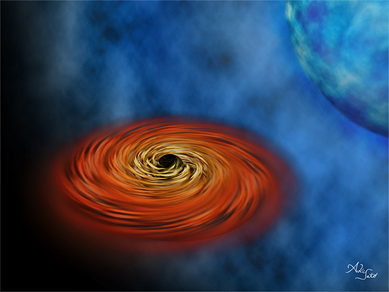 「はくちょう座 X-1」 ブラックホール連星の想像図（イラスト：佐藤暁子）の図