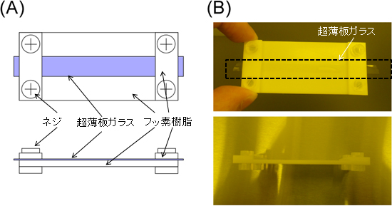 フッ素樹脂製の固定器具の外観図（A）と写真（B）の図