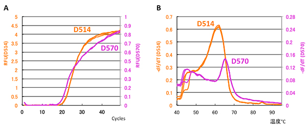 D514とD570の2つの蛍光色素を用いたEprobeを用いたマルチプレックスPCRの結果の図