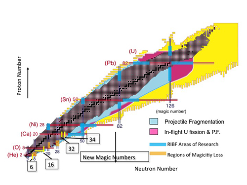 Graph showing the nuclear chart with “traditional” and “new” magic numbers