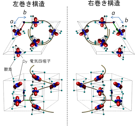 本研究で明らかとなったDyFe3(BO3)4における結晶構造および電気四極子配列の鏡像異性体の図