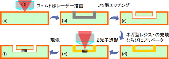 ボトルシップ型フェムト秒レーザー三次元加工によるバイオチップの作製手順の図