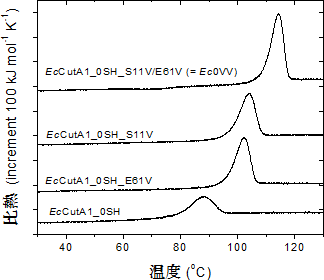 EcCutA1_0SHの疎水性変異型のDSCカーブの図
