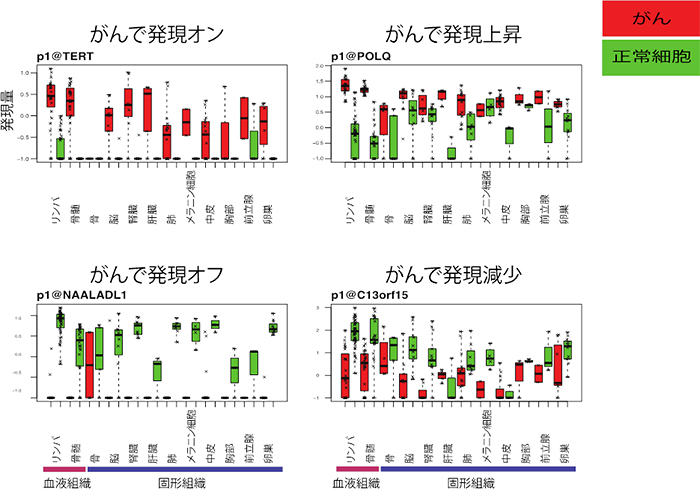 多様な臓器に由来するがん細胞株で発現変化を示すRNAの図