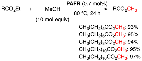 PAFR触媒を用いた各種カルボン酸エチルとメタノールとのトランスエステル化反応の図