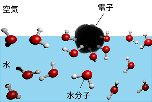 水表面に存在する水和電子のモデルの図