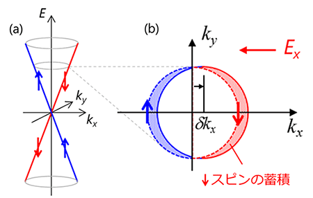 トポロジカル絶縁体の表面電子バンド（エネルギー準位）と外部電界によるスピン蓄積の図